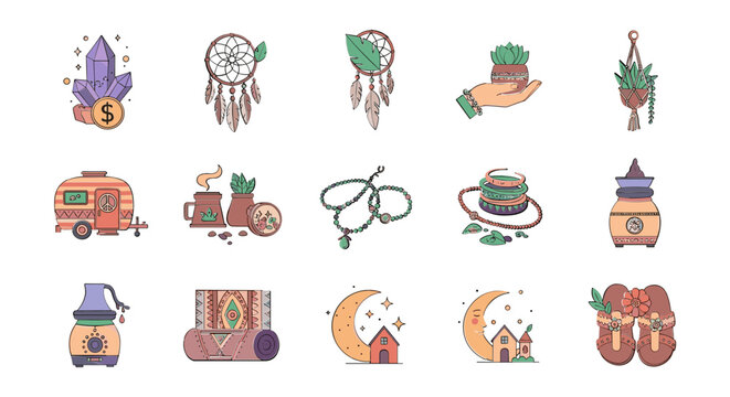 Boho Lifestyle Icons: Dreamcatcher, Crystals, Caravan, Plants, Moon, Jewelry