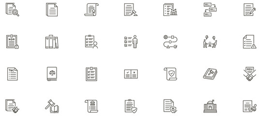Fototapeta premium Legal and compliance icon set. Law, audit, data privacy, policy governance, regulatory, regulations icons. Thin line editable stroke vector illustrations.