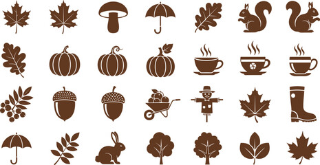 Autumn silhouette collection set with leaves pumpkin acorn squirrel coffee cup and fall elements isolated on white background © MdJillur