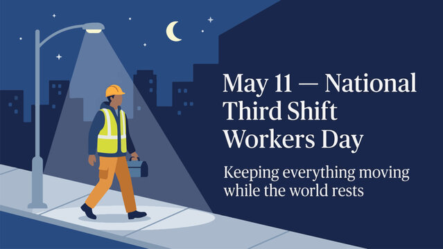 National Third Shift Workers Day with construction worker walking at night, essential workforce and late shift job concept, modern flat vector illustration