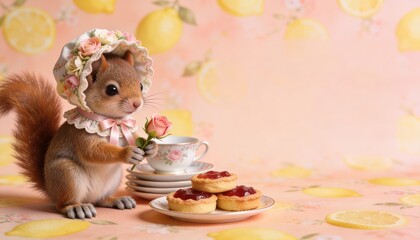 Fototapeta premium A charming squirrel in a bonnet enjoys tea time with pastries against a pastel lemon backdrop.