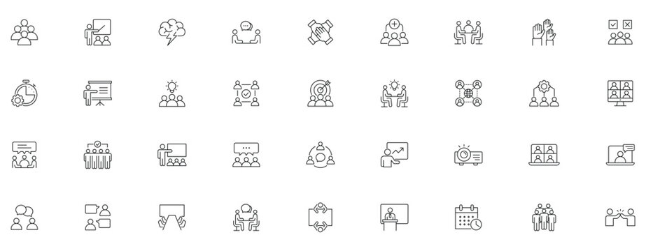 Meeting icon set. Editable line icons.