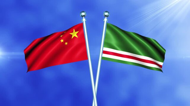 China and Chechen Republic of Ichkeria Flag Waving On Pole Loop
