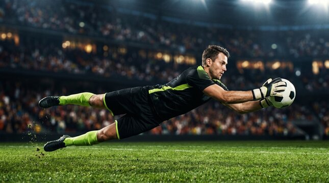 Goleiro profissional saltando para defender a bola em um est&aacute;dio lotado