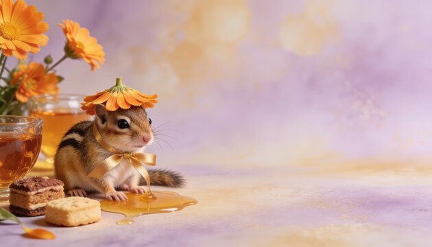 A cute chipmunk adorned with a flower crown, surrounded by treats and a jar of honey, set against a soft purple background.