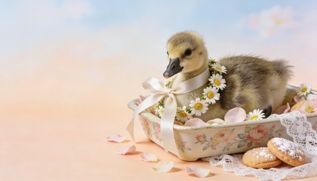 A cute gosling with a flower crown, nestled in a decorative basket with cookies and petals, on a pastel background.
