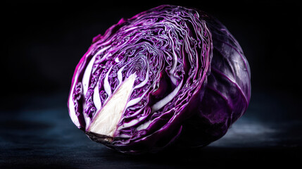 Fototapeta premium Half of a purple cabbage sits on a dark surface in a kitchen setting during daylight hours