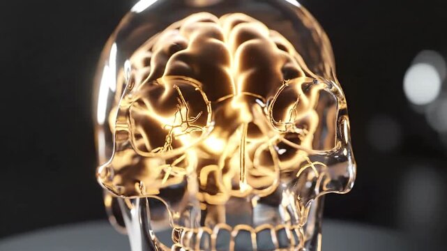 A glowing, transparent human skull model with illuminated neural network