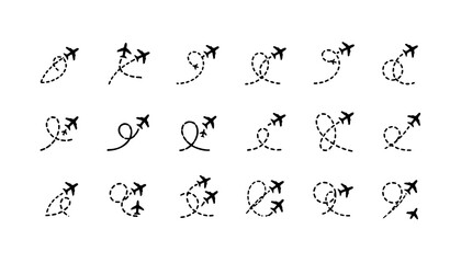 Obraz premium Airplane route logo set with flight path silhouettes minimal travel branding vector symbols isolated