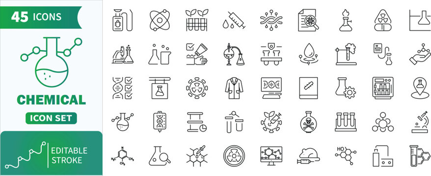 Chemical science laboratory research outline icon set .Collection of chemical, science, and laboratory outline icons representing research concepts 
