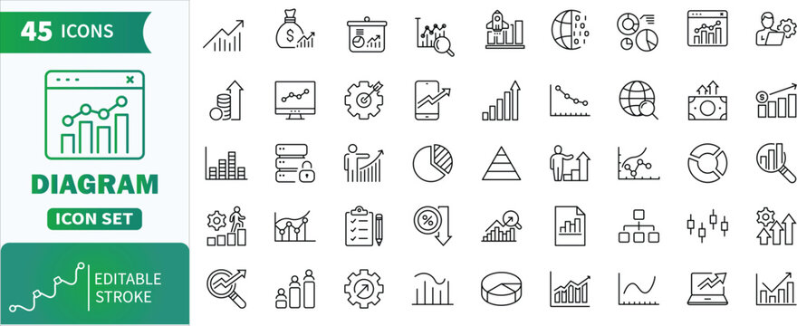Diagram icon set presenting business data analytics growth .Collection of line icons illustrating statistics, finance, and marketing concepts for various uses