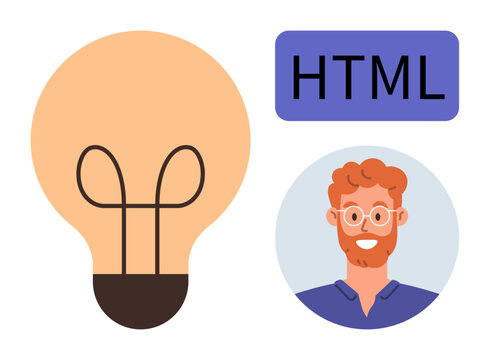 Innovation, programming, education, web design, technology, teamwork. Lightbulb, HTML text and a developer in vector style. Innovation and programming concept for design and development