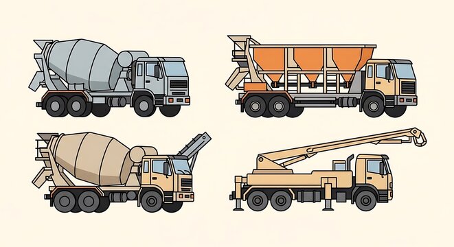 Four stylized construction vehicles, including cement mixers and a concrete pump truck, arranged on a cream background