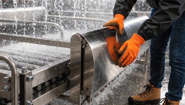 Medium shot of washdown design conveyor side guards installation emphasizing corrosion resistance and hygienic features for food processing.