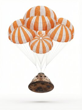 A spacecraft capsule descends under a cluster of orange and white striped parachutes against a white background.