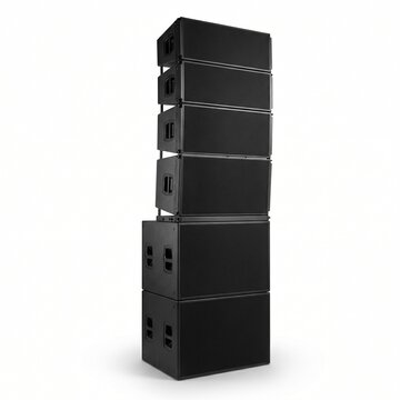 A tall, black, modular line array speaker system stacked vertically on a white background.