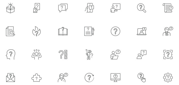 Question icon set. Containing problem, confusion, ask, question mark, help, speech, button, chat, questioning, problem solve and more. Editable line icons.