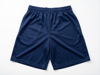 A pair of navy blue athletic shorts laid flat on a white background.