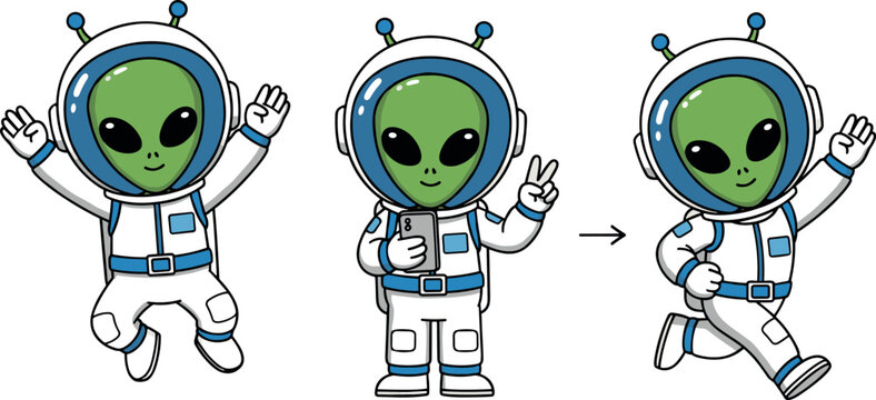 Cute Alien Character in Space Suit with Various Poses for Sci-Fi and Cartoon Illustration Designs