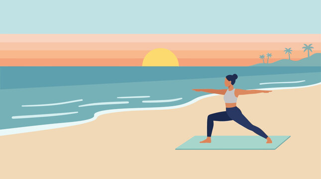 A tranquil flat design illustration of a person practicing a graceful yoga pose on the beach during a serene sunrise. This image represents wellness and mindfulness during a summer holiday or vacation