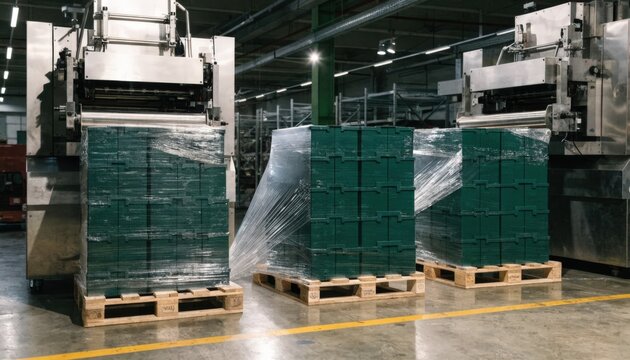 Pallets of boxed ammunition being wrapped and labeled by automated equipment highlighting organized logistics and streamlined warehouse operations.
