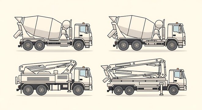 Four stylized construction vehicles, two concrete mixers and two concrete pumps, in a flat vector illustration style