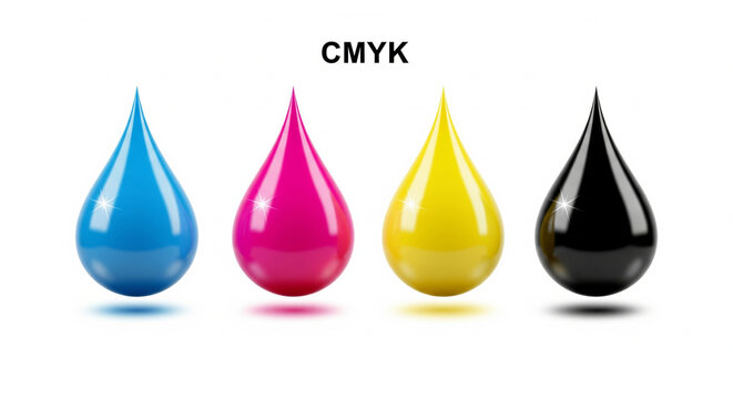 Glossy magenta and yellow ink droplets representing CMYK printing process, isolated on white background, professional print production concept, color calibration and graphic design technology