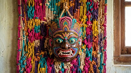 Fototapeta premium Abstract Cultural Artwork – Traditional Coconut Husk Mask Centered on Dense Multicolored Coir Rope Wall Background