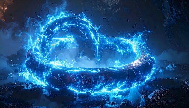 Glowing ethereal ring emitting intense blue energy amidst rocky terrain, showcasing power and mysterious forces in a digital artwork