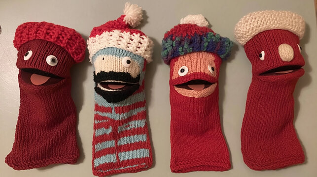 Sock Puppet Characters Arrayed: A whimsical quartet of handmade sock puppets, each with their own unique face and festive knit hats, stand in cheerful formation.