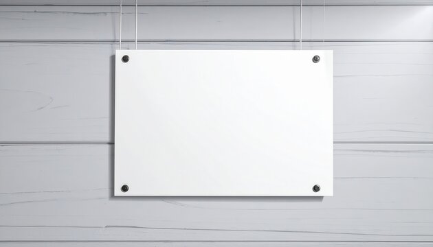 Affiche blanche vide suspendue sur un mur en bois gris clair, maquette minimaliste pour pr&eacute;sentation de design graphique et publicit&eacute;.