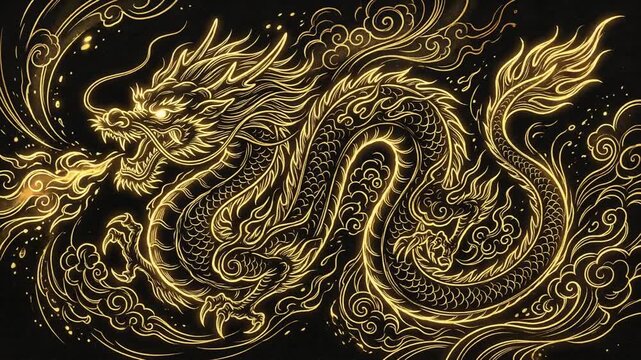 黒背景金線で描く龍渦巻和風アニメーション
