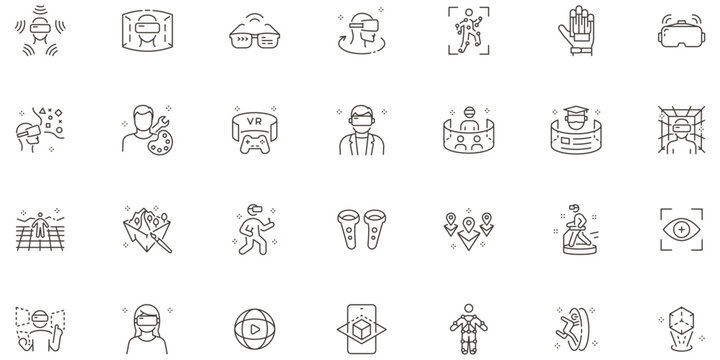 Virtual reality, augmented reality and metaverse icon set. Thin line editable stroke icons for immersive experiences, vr and ar