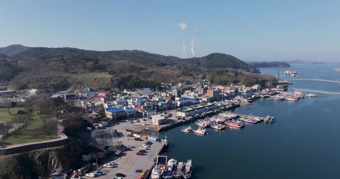 Aerial Drone Footage of Peaceful Ocheon Port and Chungcheong Suyeongseong Fortress, Boryeong, South Korea