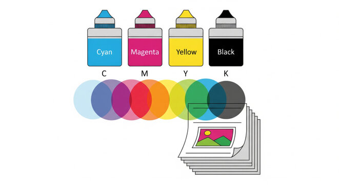 CMYK printer ink cartridges with colorful cyan magenta yellow black ink isolated on white background, modern printing technology concept for graphic design, publishing industry and office equipment ad