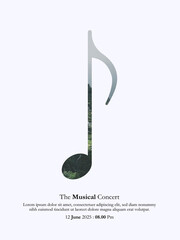 Minimalist vertical musical concert poster template featuring a large eighth note symbol with a double exposure nature scene inside showing green forest trees on a white background. © indra