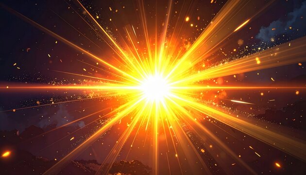 Intensa explos&atilde;o de luz c&oacute;smica com raios energ&eacute;ticos e part&iacute;culas vibrantes, criando um fundo abstrato e din&acirc;mico de poder e velocidade.