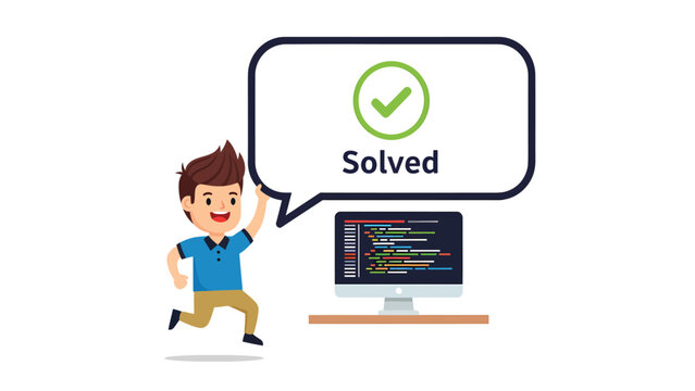 Successful coding: Happy boy programmer solves problem with green checkmark