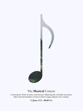 Minimalist vertical musical concert poster template featuring a large eighth note symbol with a double exposure nature scene inside showing green forest trees on a white background.