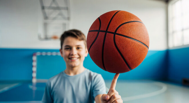 Boy spinning basketball on finger symbolizing sport skill