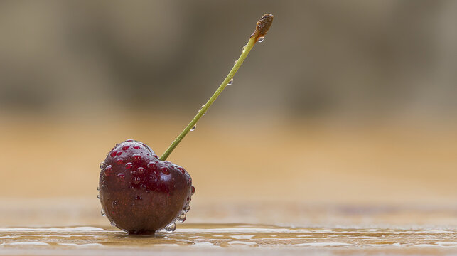 A single cherry glistens with water droplets on a wooden surface, captured in striking detail.