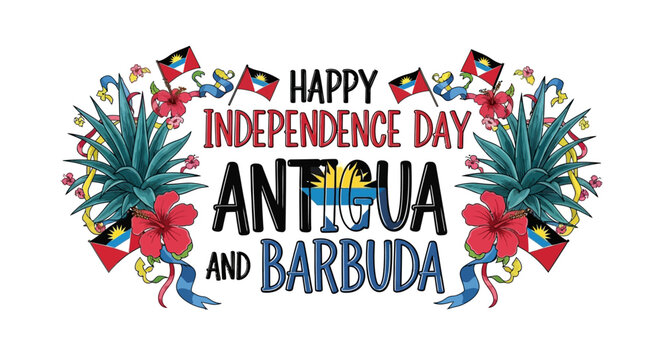 Happy Independence Day Antigua and Barbuda celebration with tropical flowers and flags