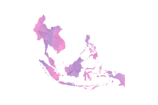 Southeast Asia Map - Polygon Style Vector Illustration in Pink and Purple Gradient, Low Poly Geometric Design, Isolated on White Background for Infographics and Education.