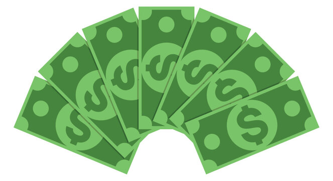 Vector illustration, a fan of green dollar bills with prominent dollar signs. Stylized currency notes arranged in a semi circular layout. Ideal for finance promotional materials or stock imagery.