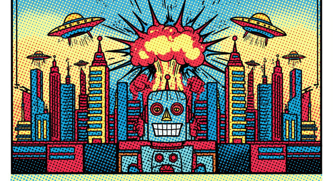 A vibrant, retro comic book illustration of a giant robot in a city under attack by UFOs, with a large explosion in the sky.