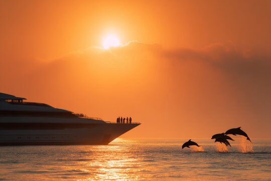 Sunset cruise yacht dolphins ocean silhouette luxury travel scenic sea sky horizon reflection excursion leisure vacation adventure tropical marine wildlife group watching view deck tourism water