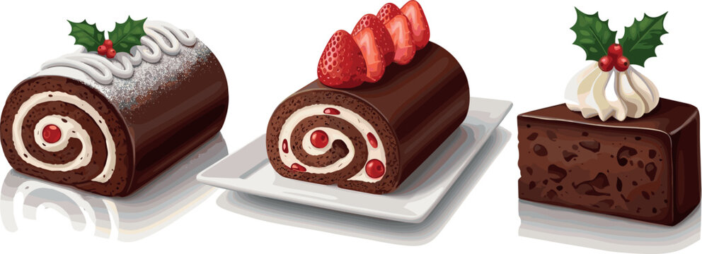 Festive Yule Log Cakes and Holiday Dessert Featuring Chocolate, Whipped Cream, and Holly Decoration for Christmas Celebrations