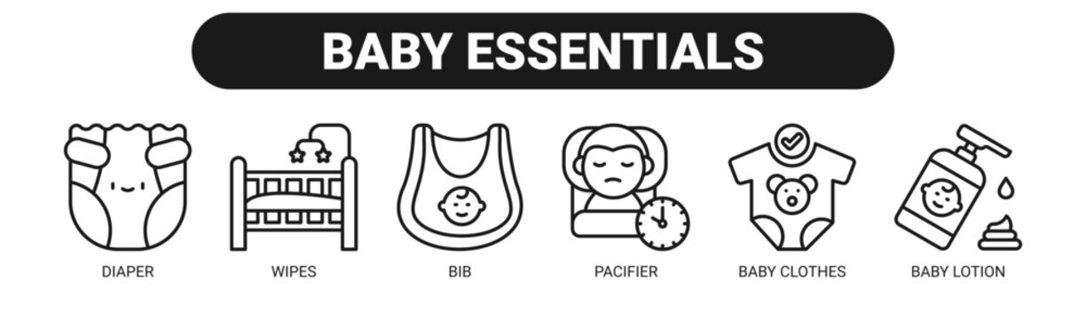 Baby Essentials web banner icon vector illustration concept with icons of diaper, wipes, bib, pacifier, baby clothes, and baby lotion.