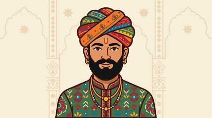 Obraz premium Rajasthani Man Beard Traditional Indian Art Style Character Vector Illustration