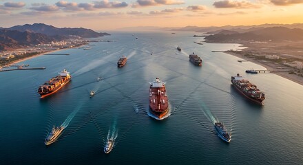 Fototapeta premium Large cargo ships in a harbor.